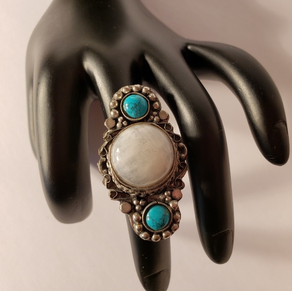 Vintage 1970s Mop Turquoise  Sterling Silver Ring - Picture 3 of 8